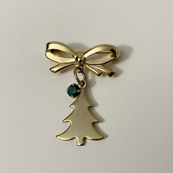 Vintage Christmas Pin Brooch Bow Tree Green Rhinestone Dangle - Picture 12 of 12